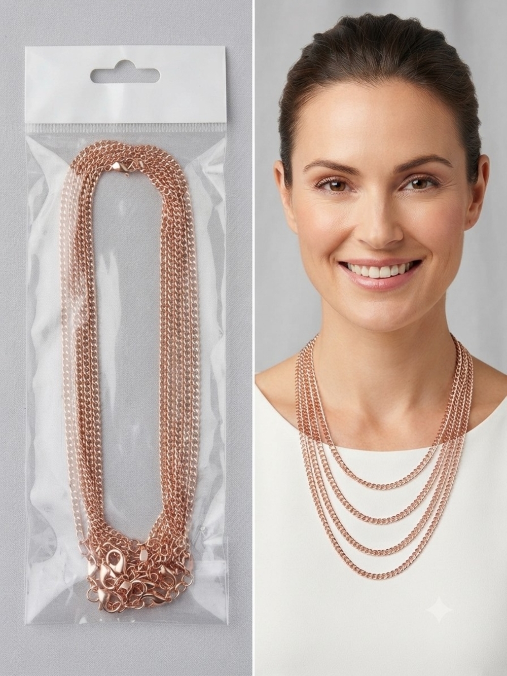 New Multi-Strand Layered Chain Necklace Set Rose Gold Tone 24 Inch Chains NIP